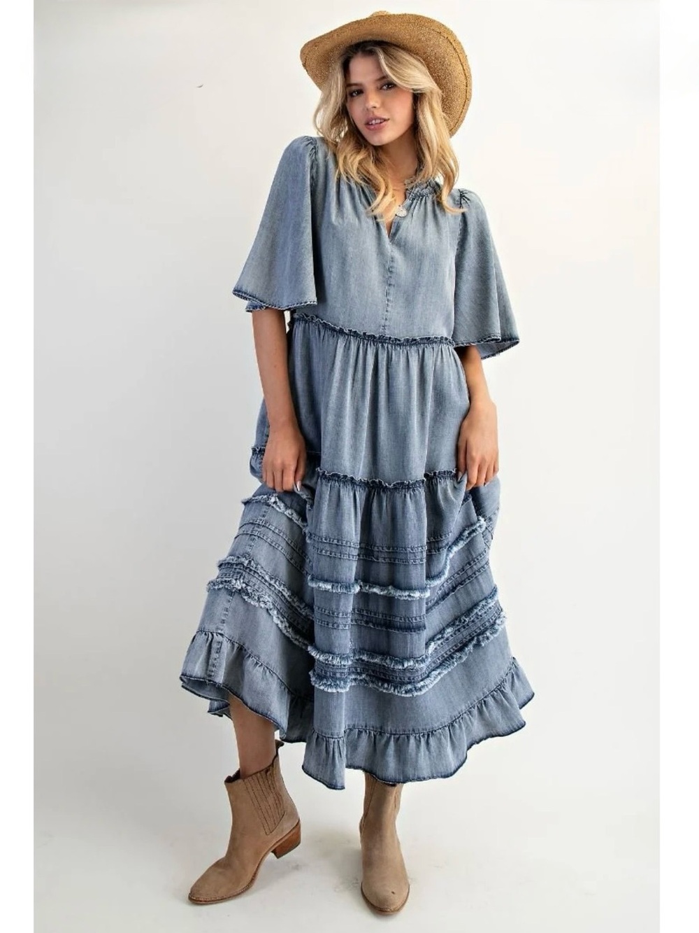 New: Easel Soft Chambray Wing Sleeve Tiered Flowy Denim Maxi Dress• Medium